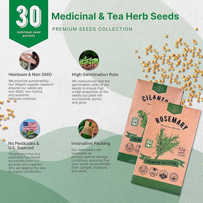 Organo Republic 30 Medicinal & Tea Herb Seeds Variety Pack 15,560+ Non-GMO Heirloom Garden Seeds for Indoor & Outdoors, Including Anise, Bergamot, Borage, Cilantro, Chamomile, Dandelion Seeds