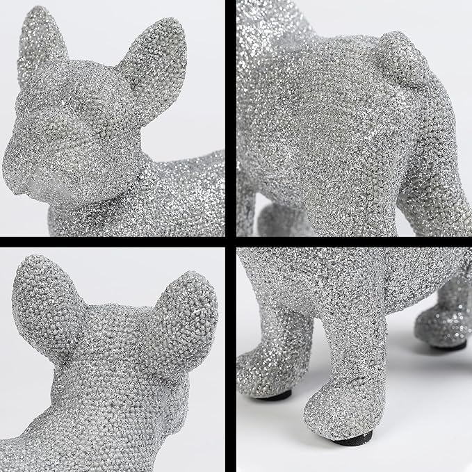 French Bulldog Statue,Resin Sparkly Frenchie Dog Sculpture Decor for Home Living Room Office Bedroom Shelf Desktop Decorations,French Bulldog Gifts for Men and Women,Silver