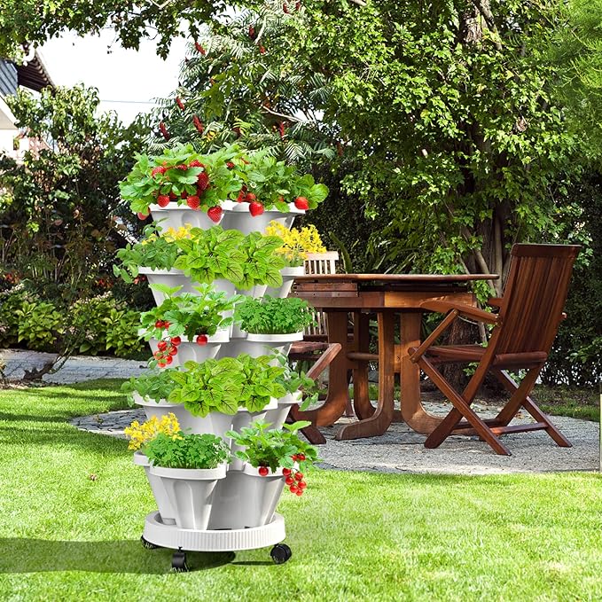 6 Tiered Strawberry Vertical Planters, Stacking Tower Garden with Support Pole, Stackable Herb Vegetable Planters Indoor and Outdoor - White