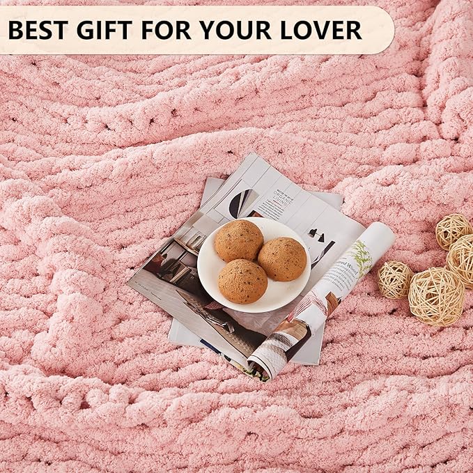 L'AGRATY Chunky Knit Blanket Throw: 80''x90'' Chenille Chunky Knitted Throw Blanket for Bed Couch - Handmade Thick Big Cable Knit Blanket - Large Chunky Crochet Rope Blanket for Home Decor(Pink)