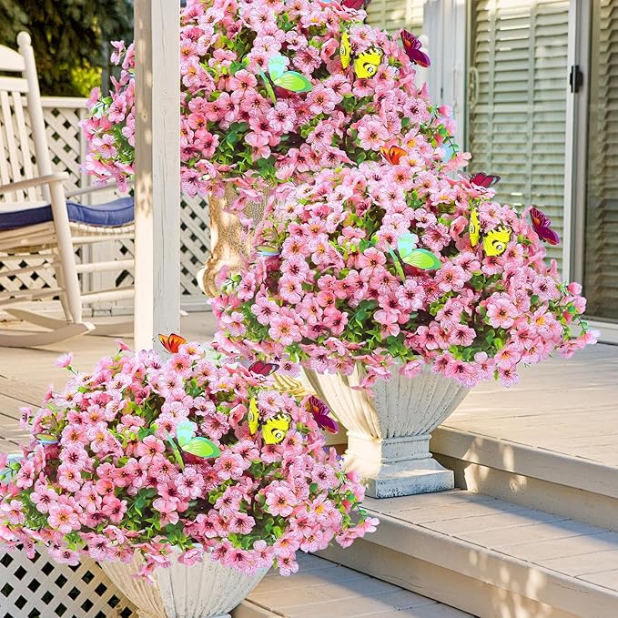 20 Bundles Artificial Flowers for Outdoors with 6 Faux Butterflies, UV Resistant Fake Flowers with Eucalyptus Leaves, Artificial Plants Outdoor for Patio Garden Porch Home Decor (Pink)