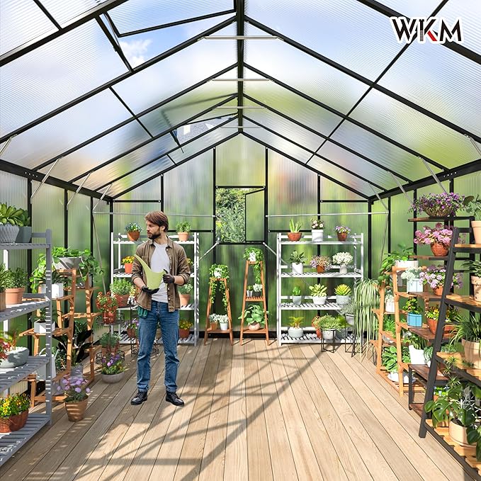 WKM 10x12 FT Greenhouse, Enhanced Aluminum Frame Greenhouses for Outdoors Withstands Strong Wind or Snow, Green House with Swing Door, Green Houses for Outside Garden Backyard, Black