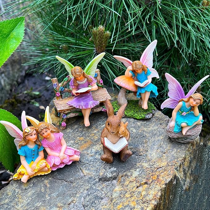 Mood Lab Fairy Garden - Miniature Reading Fairies Figurines Set - Statues & Accessories Decor Kit of 6 pcs
