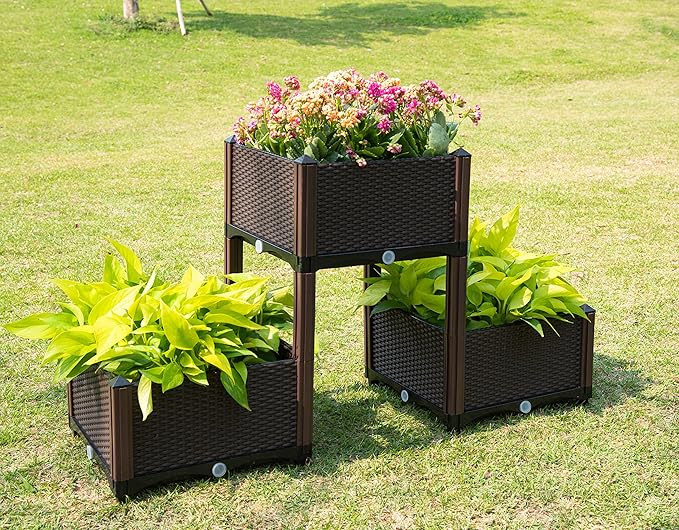 D'vine Dev Planter Raised Beds - Elevated Planter Garden Box with Drainage Plug Raised Garden Beds for Vegetable/Flower/Herb Outdoor Standing Planter Beds Gardening Kit, RGB-3