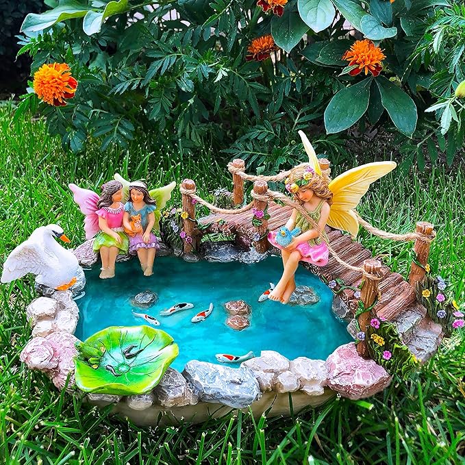 Mood Lab Fairy Garden Fish Pond Kit - Miniature Bridge Set of 6 pcs Fairy Garden Figurines & Accessories - Outdoor or House Decor
