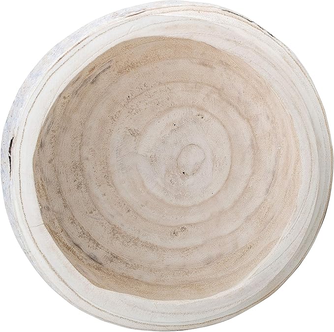 Bloomingville Decorative Hand-Carved Paulownia Wood Bowl, Whitewashed, 10.5 in Diameter, 4.25 in Tall