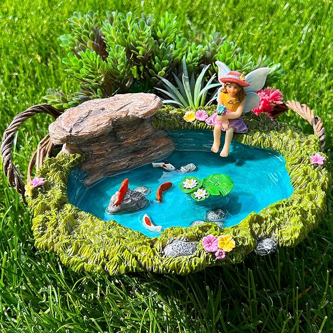Mood Lab Fairy Garden - Miniature Fish Pond & Fairy Figurine Kit - 2 pcs Set of Garden Accessories - Outdoor or House Decor