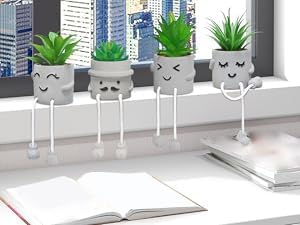 MAKHOT 4 Pcs Creative Artificial Succulent Plants with Cement Pot, Fake Small Plant for Desk Faux Succulents for Bathroom Decor, Mini Plants Succulent Cute Hanging Leg Potted for Office Shelf Decor