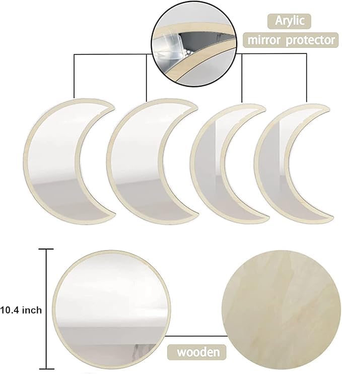 Stylish Moon Phase Wall Mirrors Set – 5-Piece Decorative Acrylic Bohemian Mirrors for Home Decor, Living Room & Bedroom Room(RAW)