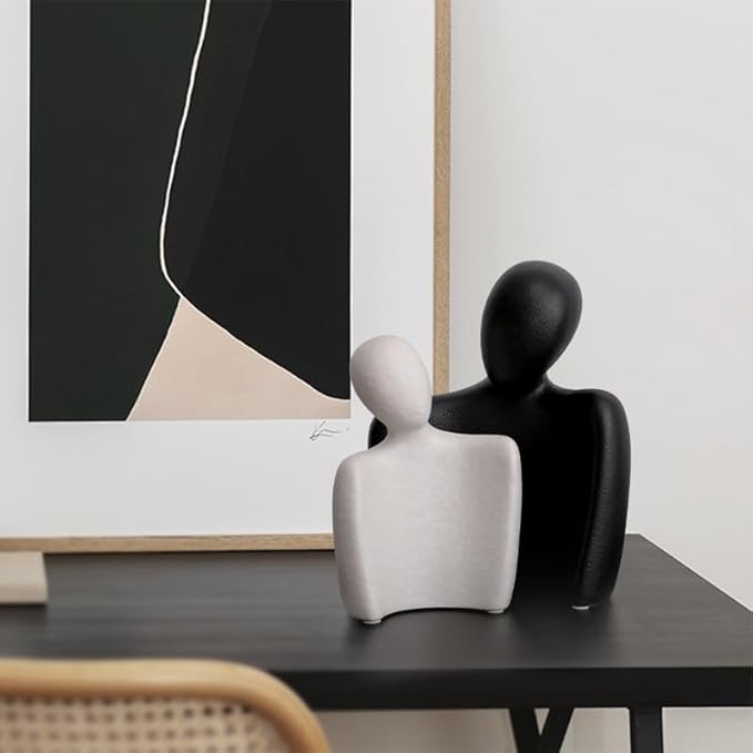 Ceramic Couple Statues for Home Decor, Hugging Couple Figurines, Modern Romantic Love Sculptures for Living Room Bedroom Office Shelf and Table Decor, Black White