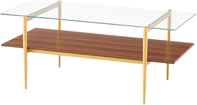 Shrine Rectangle Coffee Table, Mid-Century Modern Design, 2-Tier Structure, Clear Glass Top and Walnut MDF Shelf, 41" D x 21" W x 17" H, Sleek Conical Metal Legs with Gold Finish