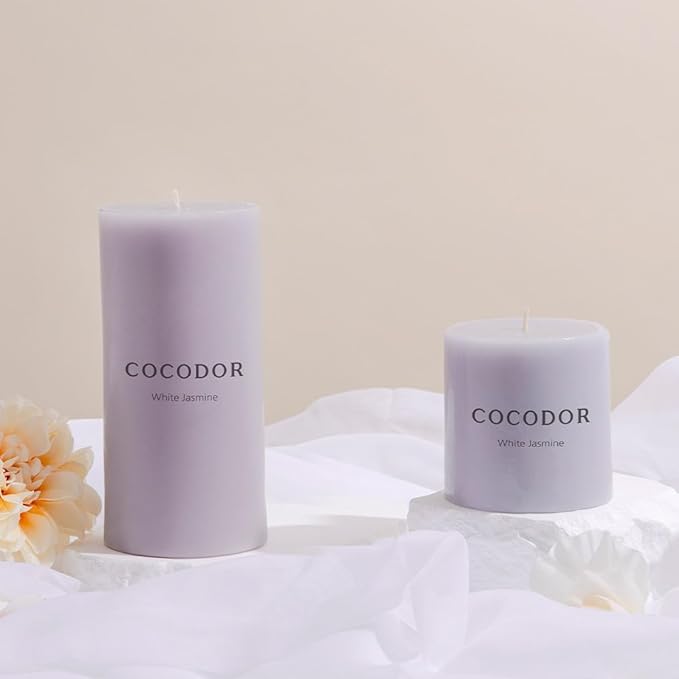 COCODOR Scented Pillar Candles, 3x6 Inch, White Jasmine, Candle Set of 3, Long Buring 85 Hours, Candles for Weddings, Party, Dinner, Home Decor.
