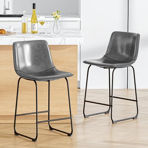 Bar Stools Set of 4, 26 Inches Counter Height Barstools with Back, Modern Faux Leather Bar Stool with Metal Legs and Footrest for Kitchens Island (Grey)