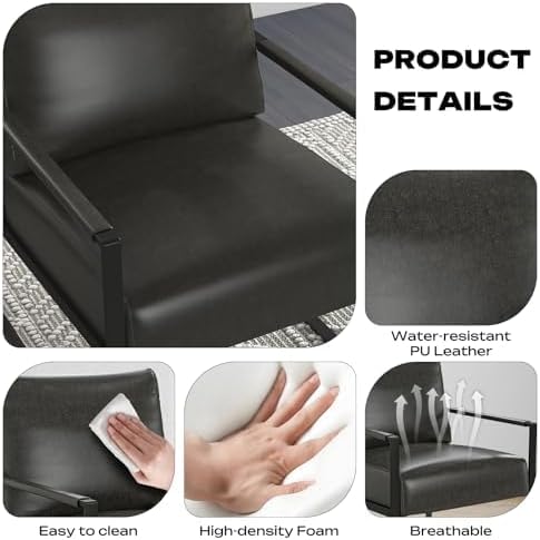 Phoenix Home PU Leather Accent Chair Set of 6, Leisure Metal Framed Armchair with Extra Soft Padded and Cushion, 105 Degree Slant Back, Modern Reading Arm Chair for Living Room/Office/Bedroom, Black