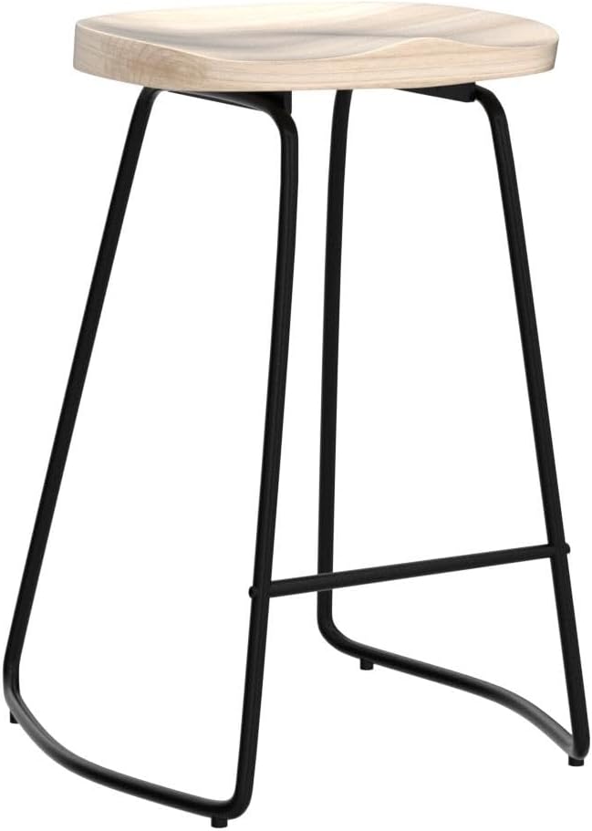 HeuGah Counter Height Bar Stools Set of 3, Solid Wood Bar Stool for Kitchen Island 26" Barstool with Metal Leg Rustic Backless Saddle Seat Stools with Footrest (Burlywood, 3 PCS 26Inch Counter Chair)