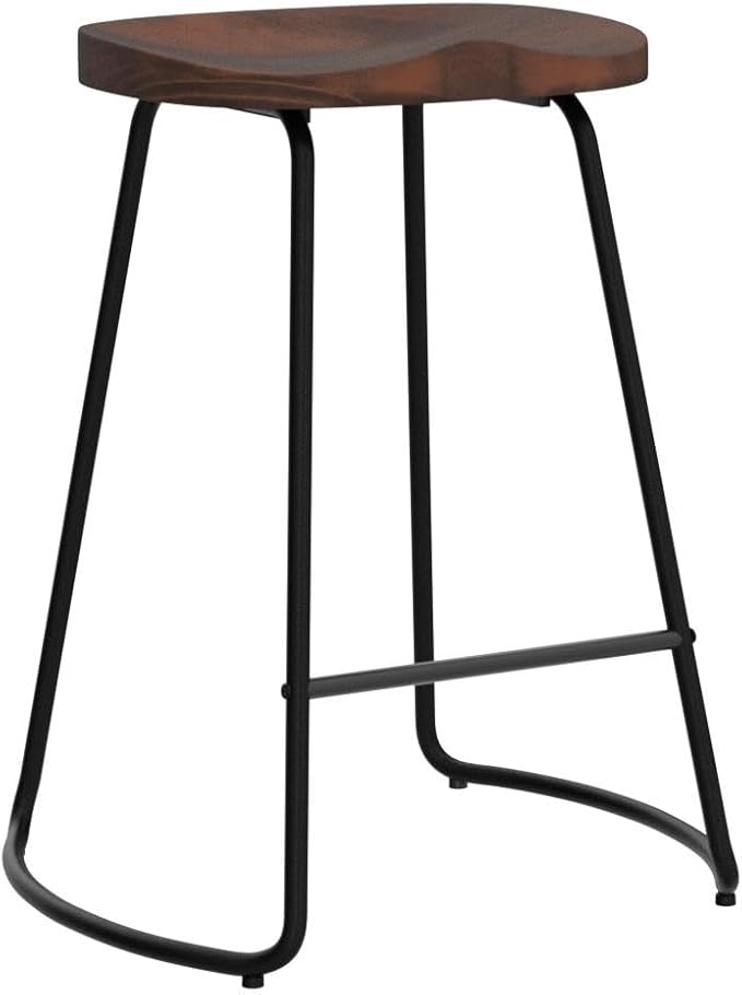 HeuGah Bar Stools, Solid Wood Barstools Set of 2, 26" Counter Height Bar Stools with Metal Leg, Rustic Backless Bar Stool for Kitchen Island, Bar Chairs with Solid Wood Saddle Seat (Walnut, 26 Inch)
