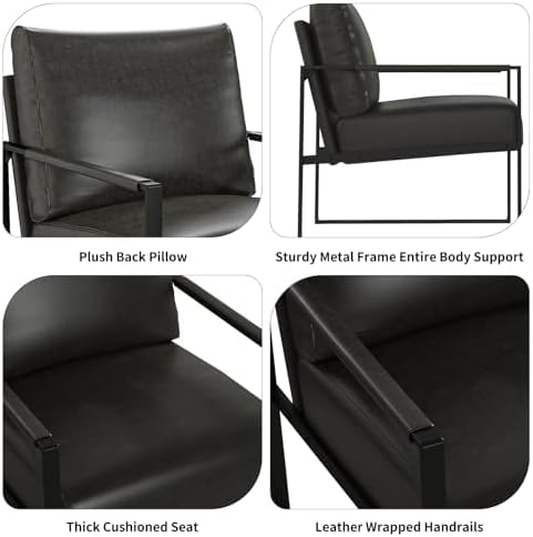Phoenix Home PU Leather Accent Chair Set of 6, Leisure Metal Framed Armchair with Extra Soft Padded and Cushion, 105 Degree Slant Back, Modern Reading Arm Chair for Living Room/Office/Bedroom, Black