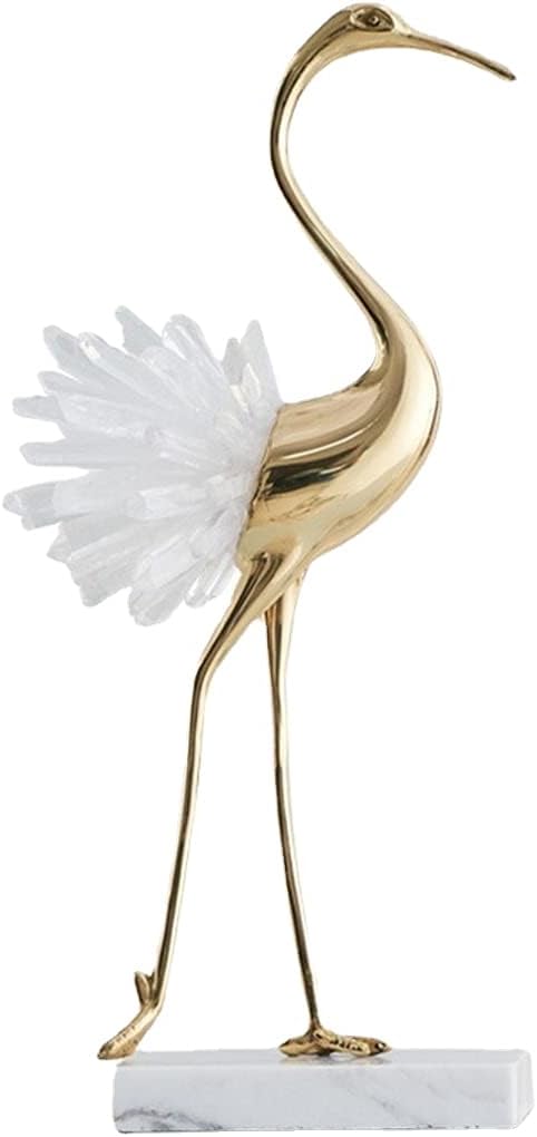 suruim Elegant Gold Crane Bird Statues with Crystal Tail Accents, Decorative Brass Figurines for Home Decor (White B)
