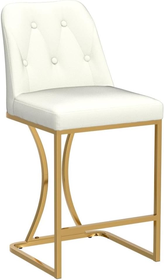 24" Counter Height Bar Stools Set of 2, White Counter Stools with Back and Gold Metal Frame, Modern Luxury Barstools with Footrest, Upholstered PU Leather Bar Chairs for Kitchen Island
