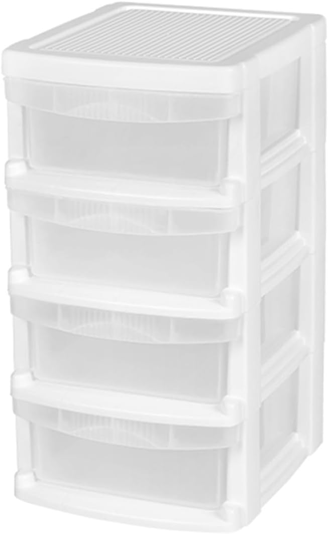 Mini Plastic Stacking Desk Top 4-Drawer Storage Organizer, for Makep Vanity Nail Polish Bathroom Stationery Art Craft Supplies Kitchen Office Garage and Small Organization, Small, White