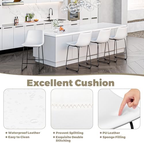 Bar Stools Set of 4, 30inch Bar Height Bar Stools with Back, Modern Faux Leather Bar Stools with Metal Legs and Footrest, Urban Armless Bar Chairs for Kitchens Island (White)