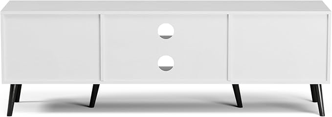 TV Stand for TVs up to 65'', Mid Century Modern Entertainment Center with Rattan Door, Shelves & 2 Cabinets, Boho Media TV Console for Living Room, Bedroom, White