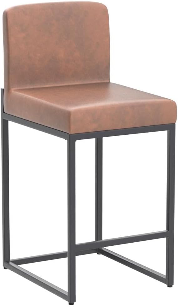ALPHA HOME 24” Bar Stools Set of 2 Counter Height Bar Stool Pu Leather Kitchen Modern Bar Stools with Backrest Upholstered Footrest Sturdy Chromed Metal Steel Frame,Brown.