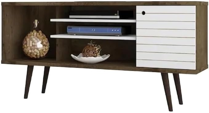 Manhattan Comfort Liberty Mid Century Modern TV Stand for Televisions up to 50 Inches, Bedroom and Living Room Entertainment Center with Storage, Shelves, and Cabinet, 53" Wide, Rustic Brown/White