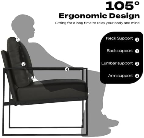 Phoenix Home PU Leather Accent Chair Set of 6, Leisure Metal Framed Armchair with Extra Soft Padded and Cushion, 105 Degree Slant Back, Modern Reading Arm Chair for Living Room/Office/Bedroom, Black
