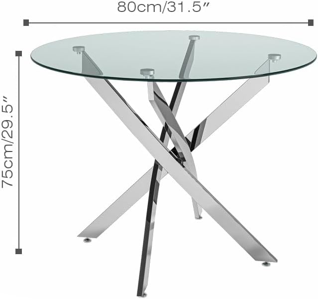 Glass Dining Table Modern Kitchen Table with Silver Metal Legs 32 Inch Small Round Dining Table for Apartment Kitchen Dining Room