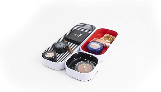 Three by Three Seattle 3 Piece Shallow Metal Organizer Tray Set for Storing Makeup, Stationery, Utensils, and More in Office Desk, Kitchen and Bathroom Drawers (1 Inch, Red Dots and Stripes)