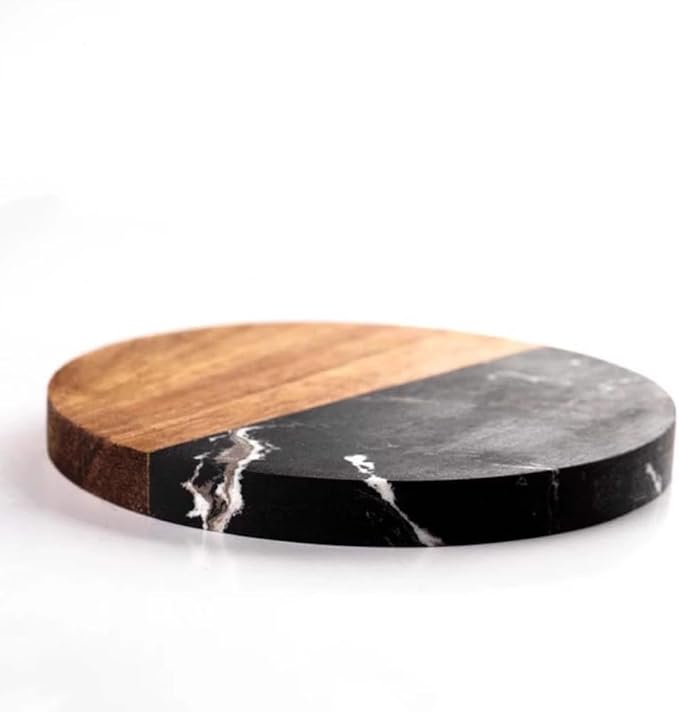 I-LAN Set of 4 Round Natural Wood and Marbel Drink Coasters for Coffee Wooden Table, Drink Bar Coaster Set/Tea Table Coasters for Living Room,Beer Cans,Bar Glasses,4 x 4 Inch