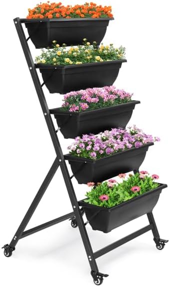 5 Tiers Vertical Garden Raised Beds with Mobile Legs Elevated Planter Boxes with 5 Container Boxes Vertical Raised Garden Planter Outdoor with Drainage Holes & Removable Pale Black Raised Bed Box
