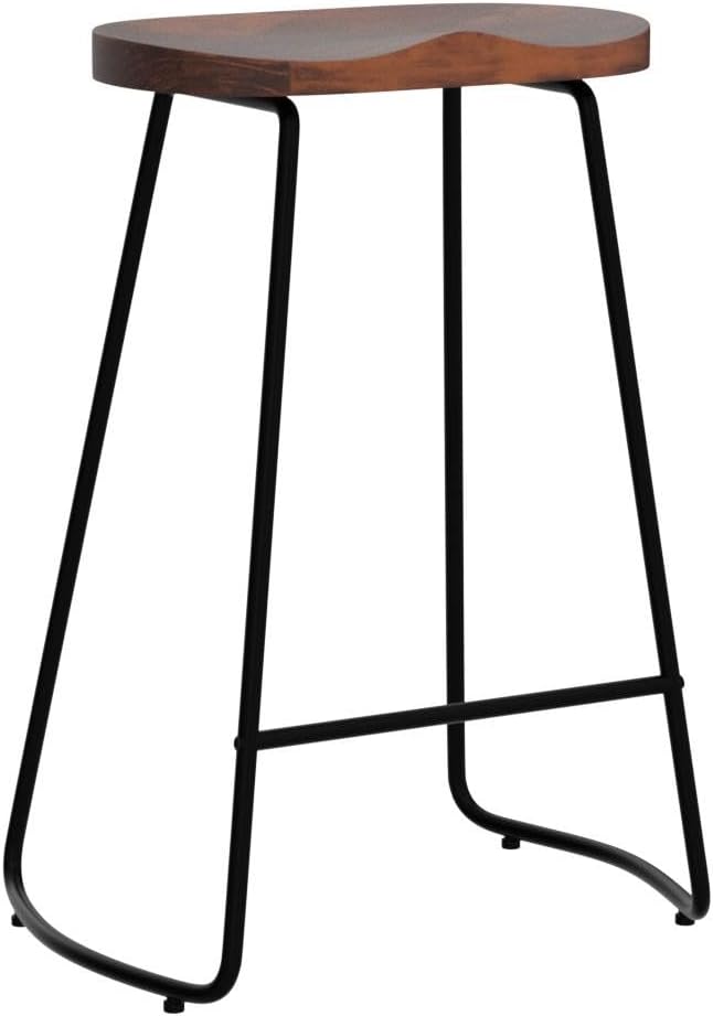 HeuGah Bar Stools Set of 3, Solid Wood Counter Height Bar Stools 26 Inch Barstool Chair for Kitchen Island Rustic Saddle Seat Backless Stools with Metal Leg (Walnut, 3 PCS 26Inch Counter Chair)