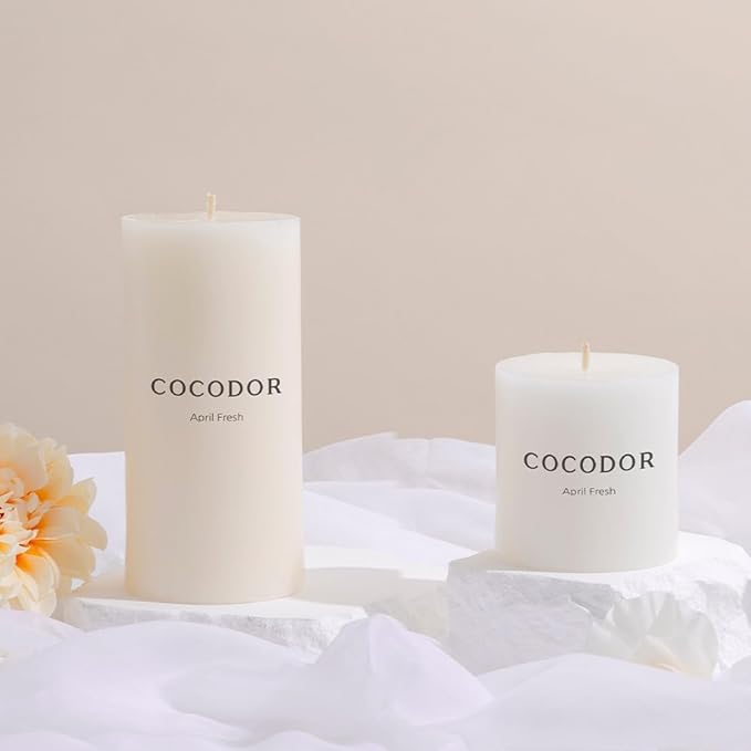 COCODOR Scented Pillar Candles, 3x6 Inch, April Fresh, Candle Set of 3, Long Buring 85 Hours, Candles for Weddings, Party, Dinner, Home Decor.