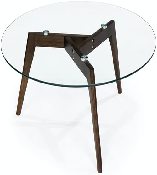 Round Tempered Glass End Table, Round Mid Century Coffee Table, Minimalist Small Coffee Table for Small Spaces Living Room Office, with Triskele Walnut Wood Legs (23.6" D x 17.7" H)