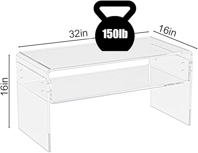 32inch Premium Clear Acrylic Rectangle Coffee Table with Storage Shelf for Living Room,Mid Century Transparent Waterfall Low Tea Table, Middle Size Table (32"x16"x16") Fit for 2 Seat Sofa