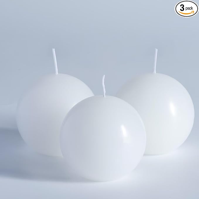 MOZEAL Hand-Poured, 3 Inch White Round Ball Candles - Elegant White Round Pillar Candles Set of 3, Dripless, Unscented, Smokeless, Ideal for All Occasions.