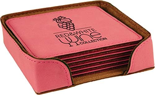 Custom Engraved Coasters | Personalized Leather Coaster | Set of 6 | Drink Coasters with Holder | Laser Engraved | Tabletop Protection | Gift for Couples (Square 4" x 4", Pink w/Black)