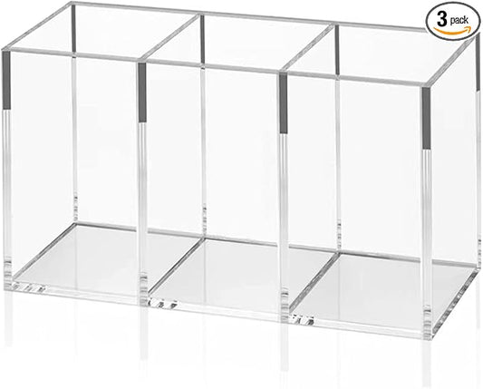 NIUBEE Acrylic Pen Holder 3 Compartments, Clear Pencil Organizer Cup for Countertop Desk Accessory Storage