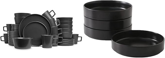 Stone Lain 32-Piece Black Matte Dinnerware Set + 4-Piece Black Stoneware Pasta Bowl Set