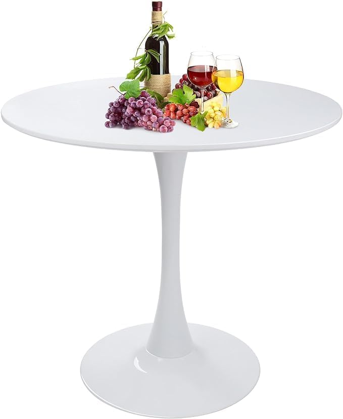 Round White Dining Table Modern Kitchen Table with Pedestal Base in Tulip Design, Mid-Century Leisure Table for 2 to 4 Person