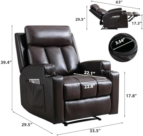 Phoenix Home Manual Recliner Chair Set of 2 with Massage and Heat, Ergonomic Overstuffed Faux Leather Recliner Single Sofa with 2 Cup Holders, Living Room Lounge Recliners on Clearance, Brown