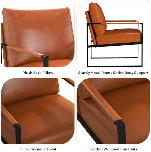 Phoenix Home PU Leather Accent Chair Set of 6, Leisure Metal Framed Armchair with Extra Soft Padded and Cushion, 105 Degree Slant Back, Modern Reading Arm Chair for Living Room/Office/Bedroom, Brown