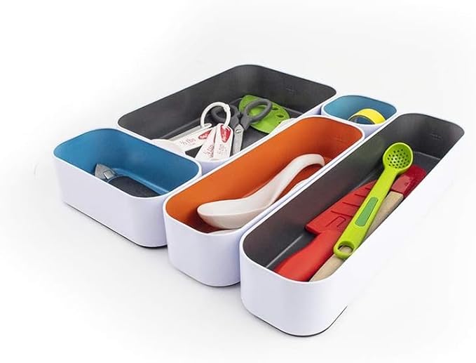 Three by Three Seattle 5 Piece Metal Organizer Tray Set for Storing Makeup, Stationery, Utensils, and More in Office Desk, Kitchen and Bathroom Drawers (2 Inch, Multicolor)