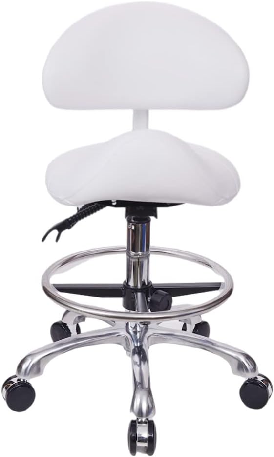 Saddle Stool Chair with Back with Foot Ring Rolling Esthetician Seat for Salon Tattoo Shop Spa Facial lash Home Dentist Clinic Esthetician Chair(with Backrest with Foot Ring, White)