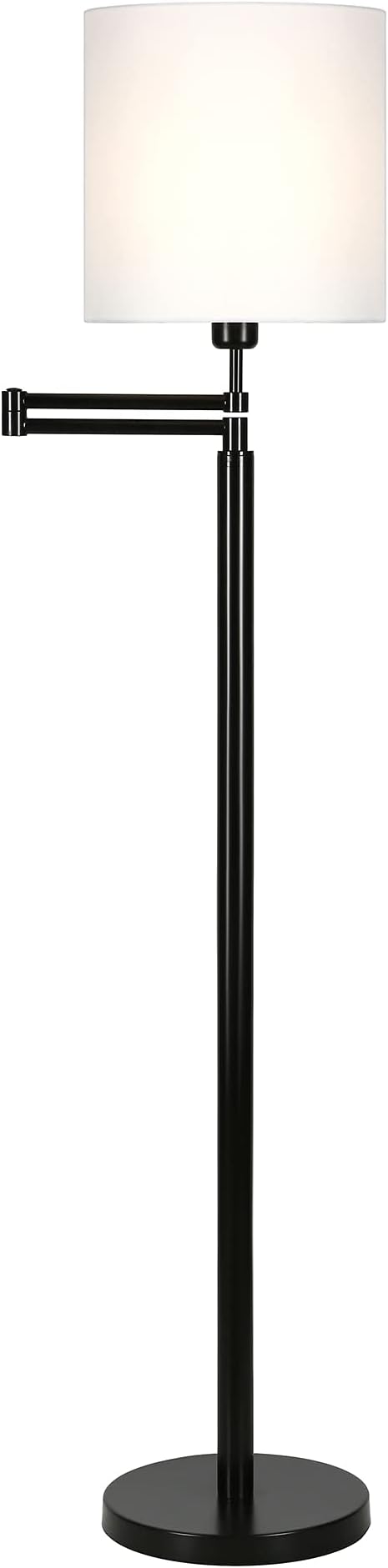 Moby Swing Arm Floor Lamp with Fabric Drum Shade in Blackened Bronze/White
