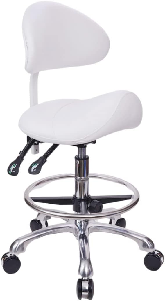 Saddle Stool Chair with Back with Foot Ring Rolling Esthetician Seat for Salon Tattoo Shop Spa Facial lash Home Dentist Clinic Esthetician Chair(with Backrest with Foot Ring, White)
