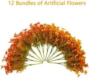 12 Bundles Artificial Flowers Plants for Outdoor Fall Home Decor, Faux Flower Daisy with Eucalyptus Leaves Fake Plants, UV Resistant Artificial Flowers for Garden Porch Patio Decor Orange Yellow