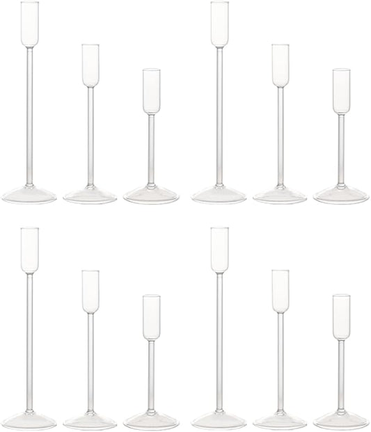 Candle Holder, Glass Taper Candle Tall Candlestick Holder, 3 Different Heights, for Table Centerpiece, Wedding, Party, Clear, 12pcs